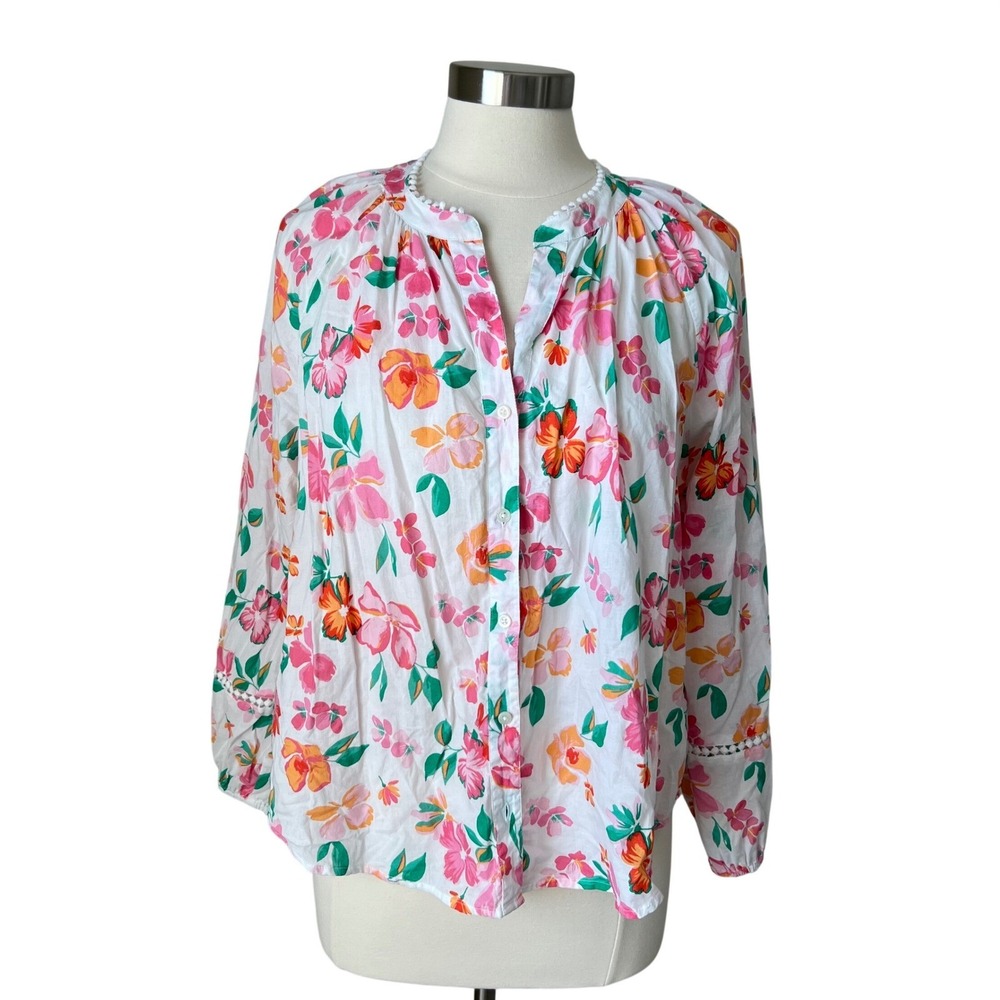 J.Crew Womens XL Floral Cotton Voile Button Down Blouse Pom Pom Trim BF843‎